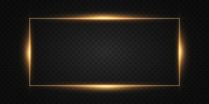 Elegant glowing golden rectangular frame with soft light flares on a transparent dark background. Banner for luxury design, celebration, event invitation. Vector illustration.