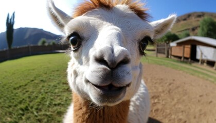 Fototapeta premium Adorable Alpaca Close Up Portrait in Sunny Farm Setting