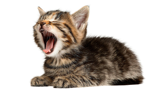A cute tabby kitten yawns, revealing its pink tongue and a look of pure relaxation. - Powered by Adobe