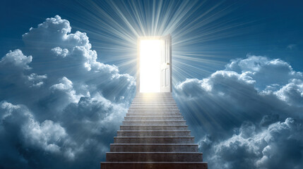 Bright light from heaven shining through an open door with stairs and rays and presence God
