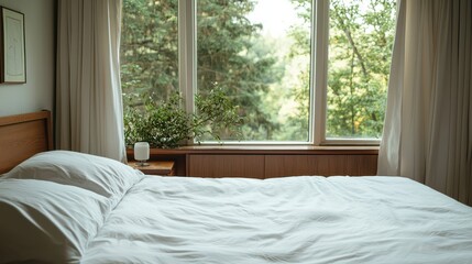 Fototapeta premium Cozy bedroom interior with large window overlooking green trees and natural light streaming into a serene living space