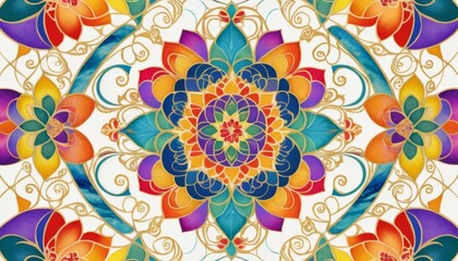 Vibrant Mandala with Colorful Flowers and Gold Accents Intricate Floral Design Artistic Painting