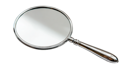 A shiny silver hand mirror reflects light, creating a sophisticated and classic look.