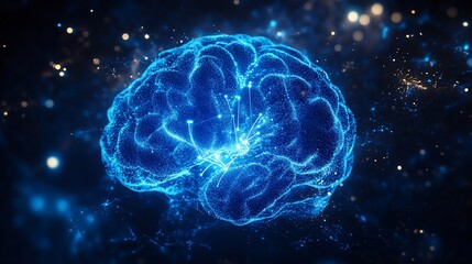 Glowing, blue brain with light connections against a dark cosmic background