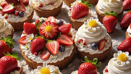 Delicious Strawberry Cream Cupcakes with Daisy Decorations Sweet Treats Bakery Confections