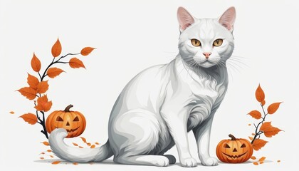Fototapeta premium Adorable White Cat Posing with Autumn Leaves and Halloween Pumpkins