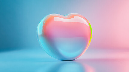 Heart made of glass is floating on a blue surface. The heart is surrounded by a rainbow of colors, giving it a whimsical and playful appearance. Concept of joy and lightheartedness