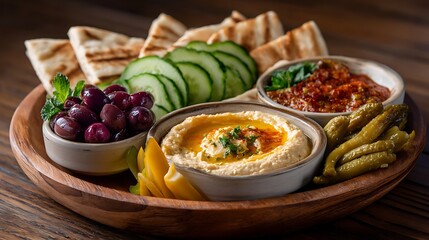 Assorted Mediterranean Platter with Hummus, Grapes, Cucumbers, and Pita Bread
