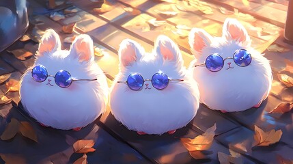 Three cute white bunnies wearing fashionable sunglasses enjoying a sunny day in a garden