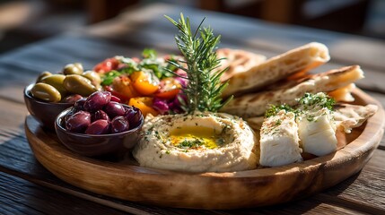 Mediterranean Platter with Hummus, Olives, Grapes, and Pita Bread
