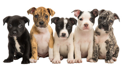 Obraz premium Five adorable puppies of diverse breeds sit together, looking directly at the camera.