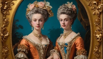 Fototapeta premium Elegant Twin Women in 18th Century Rococo Style Dresses Gold Frame Portrait