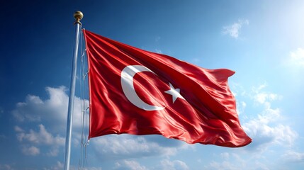 Flag of Turkey waving against a bright blue sky with fluffy clouds in the background