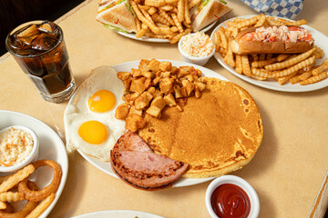 American breakfast plate featuring two sunny-side-up eggs, golden home fries, grilled ham slices, and a large fluffy pancake. ketchup and coleslaw in small white ramekins.