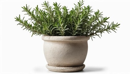 Fototapeta premium Lush Rosemary Herb Plant in Elegant Stone Pot Isolated on White Background