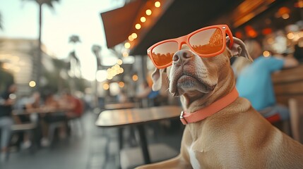 Playful dog wearing stylish sunglasses enjoying a sunny day outside with a bright blue background