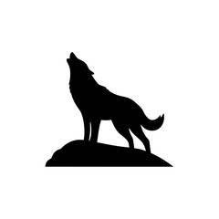 Silhouette of a wolf howling standing on a rock against white sky on white background , no background © 3DStockX