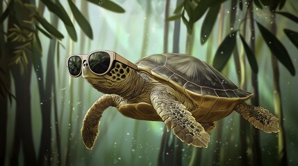 Charming turtle wearing stylish sunglasses relaxing in the sun on a log in a peaceful environment