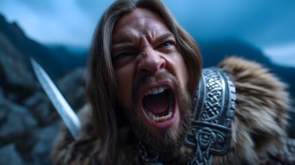 Fierce Viking warrior roaring on a mountaintop in an epic action scene