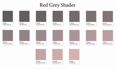 17 Red Grey Shades - 3d Deep Dark Black Red to Light Faded Red Gray Tones - with HEX Codes and Names, Colour Swatches, Scheme and Combinations