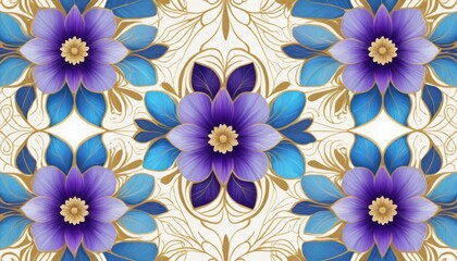 Elegant Seamless Pattern Purple and Blue Flowers with Gold Accents Floral Design Botanical