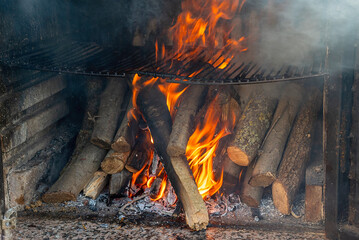 Logs burning fireplace