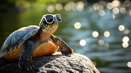 Unique turtle wearing sunglasses posing on a rock by the water with a scenic natural backdrop