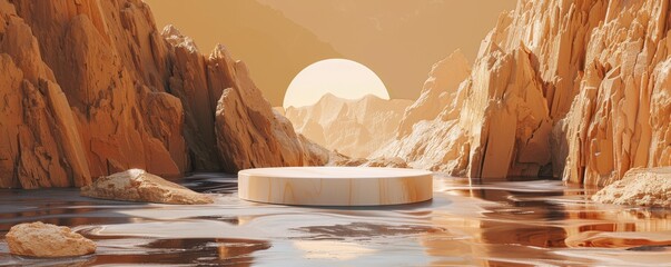 Round pedestal in surreal landscape with large moon and rocky terrain at sunset