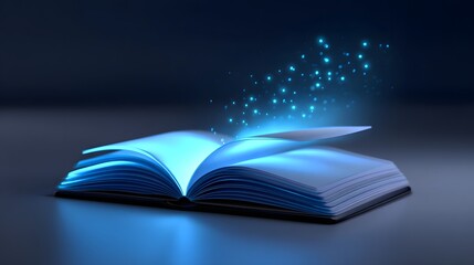 Magical book emitting glowing stardust in the night
