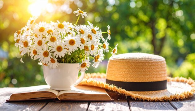 beautiful daisies in white cup, book, braided hat in summer garden. Rural landscape natural background with Chamomile flowers in sunlight. Summer time. copy space