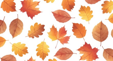 Fototapeta premium A whimsical autumn tableau of watercolor leaves strewn across a pure white canvas
