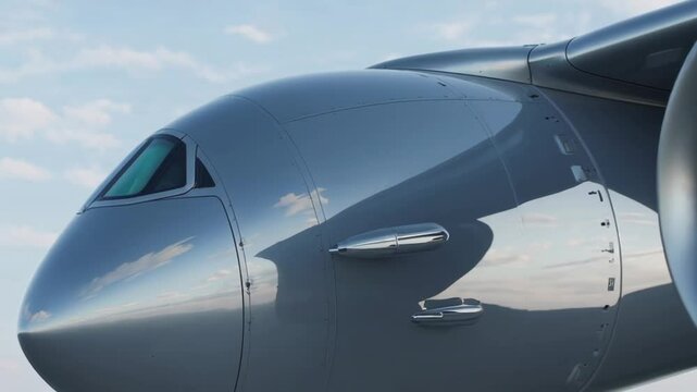 Silver passenger jet gleaming in sunlight, revealing cockpit window, aerodynamic sensors, powerful turbine engine against bright, clear backdrop