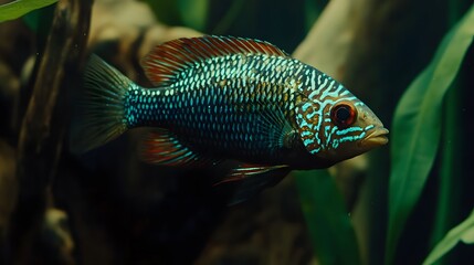 A tranquil fish swimming gracefully inside a well-maintained aquarium tank with decorative elements