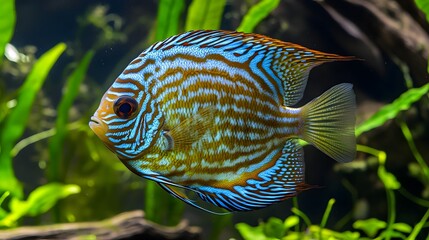 A striking fish swimming gracefully in a crystal clear tank surrounded by colorful aquarium plants