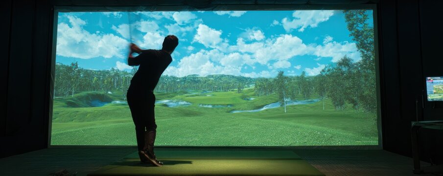 Indoor golf simulation with realistic virtual course landscape featuring bright blue sky and lush green fairway