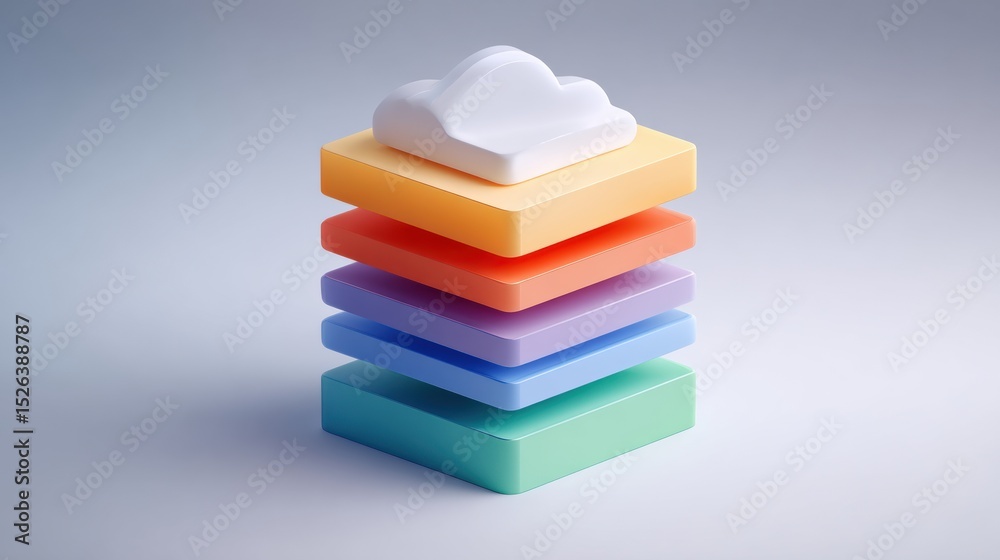 Poster Cloud Computing Service Layers Represented as Stacked Blocks in Modern Colors Illustrating IaaS, PaaS, SaaS Concepts for Tech Enthusiasts