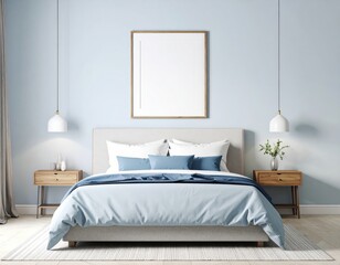 Serene bedroom interior with blue accents minimalist lamps and a blank framed print