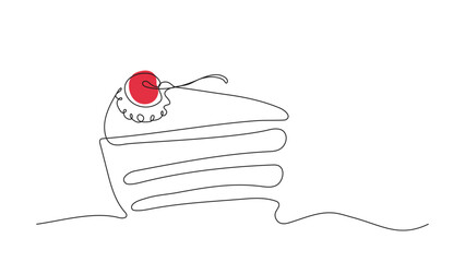 piece of cake with red cherry and cream drawn with one solid black line on white background