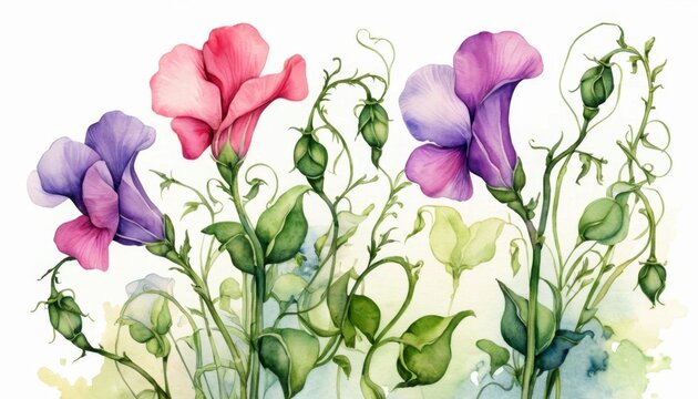 Exquisite Watercolor Painting of Sweet Pea Flowers in Pink Purple and Lavender Hues