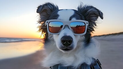 A stylish dog wearing sunglasses relaxing on the beach while soaking up the summer sun
