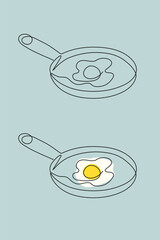 a frying pan with a fried egg with a whole yolk drawn with one continuous line