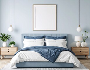 Serene bedroom interior with blue accents natural wood furniture and a blank picture frame (1)