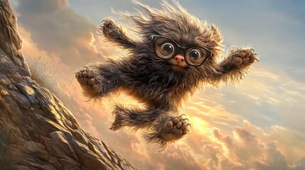 A furry creature soaring through the air with graceful wings and a playful expression in the sky