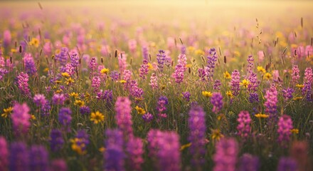 Obraz premium Blossoming Hues Meadows Purples Yellows Golden Light