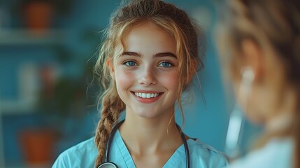 Fototapeta premium Cheerful nurse playfully engaging with a young patient using a toy stethoscope