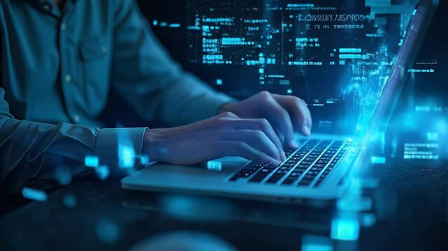 A male working on a laptop in a digital environment, illuminated by blue light.