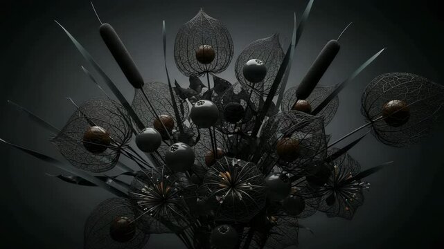 Dark, intricate arrangement of sharp objects with a menacing and mysterious mood