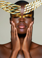 Golden beauty portrait of elegant dark-skinned woman – abstract summer skincare routine concept.