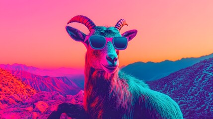 A cool goat wearing trendy sunglasses while enjoying a beautiful day in a green sunlit field