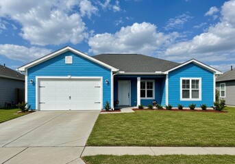Blue single family home with white garage door and green lawn
